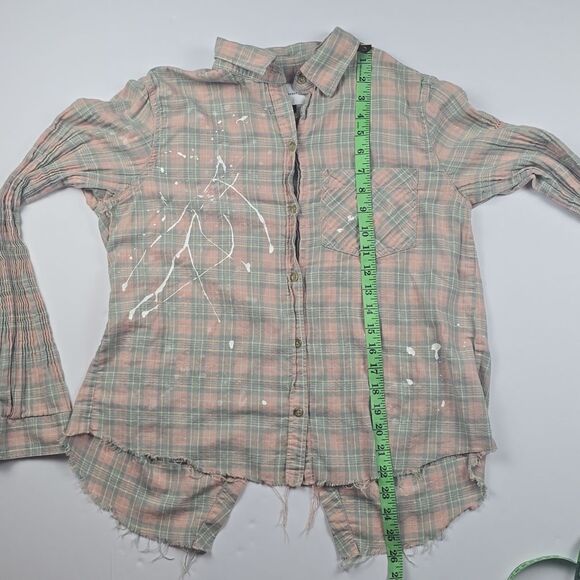 CURRENT ELLIOTT -1815 Ivie Splatter Plaid Button Down Shirt Sunshine Pink Grey S - Picture 8 of 9